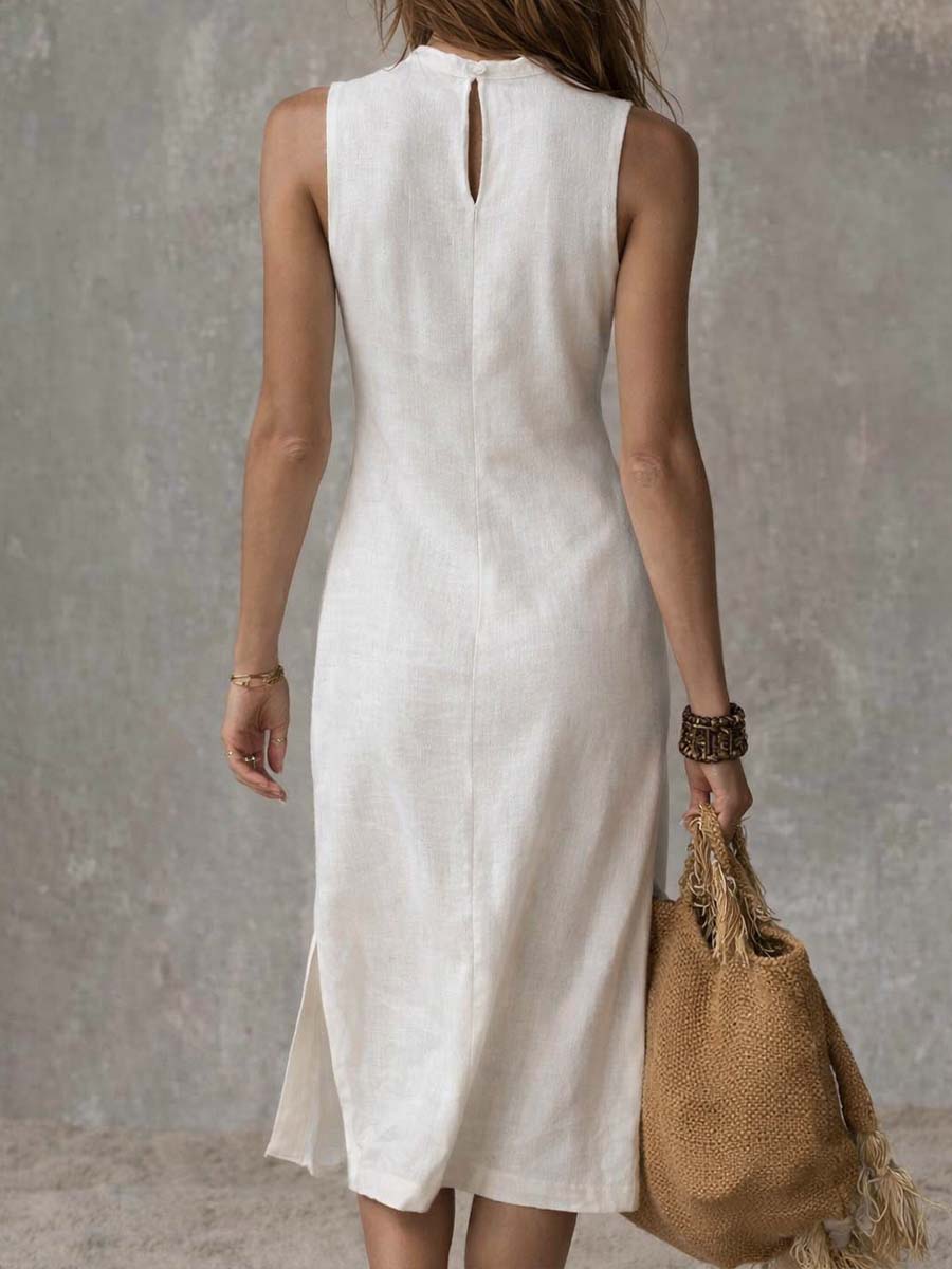 Sleeveless Mock Neck Side Slit Midi Dress