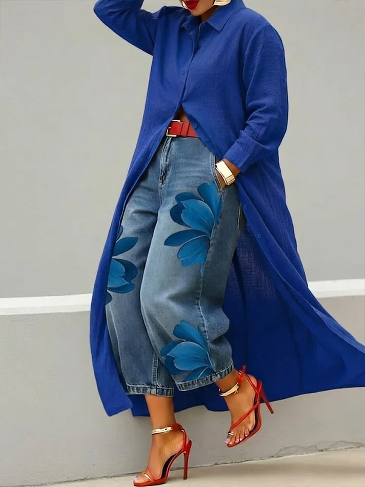 Maud - Linen Shirt Dress and Floral Jeans