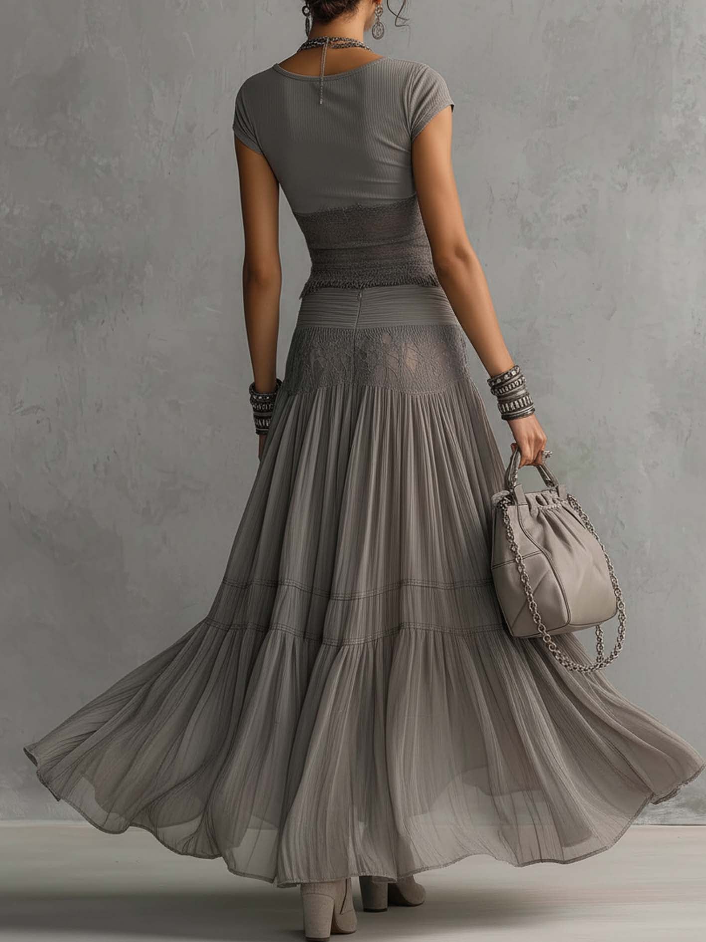 Elena Lace-Paneled Top and Pleated Maxi Skirt Set