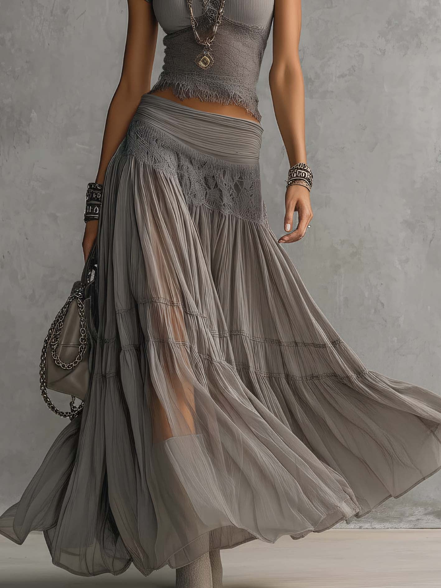 Elena Lace-Paneled Top and Pleated Maxi Skirt Set