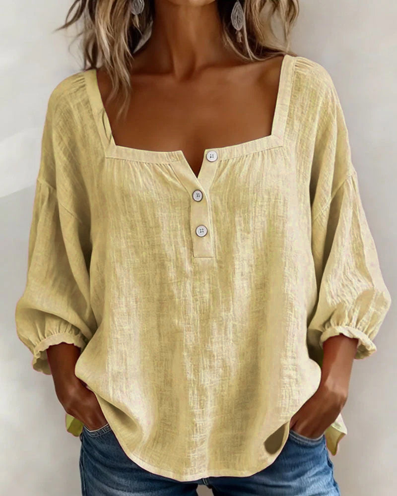 Fiona | Women's Square Neck Blouse 3/4 Puff Sleeve Button Top