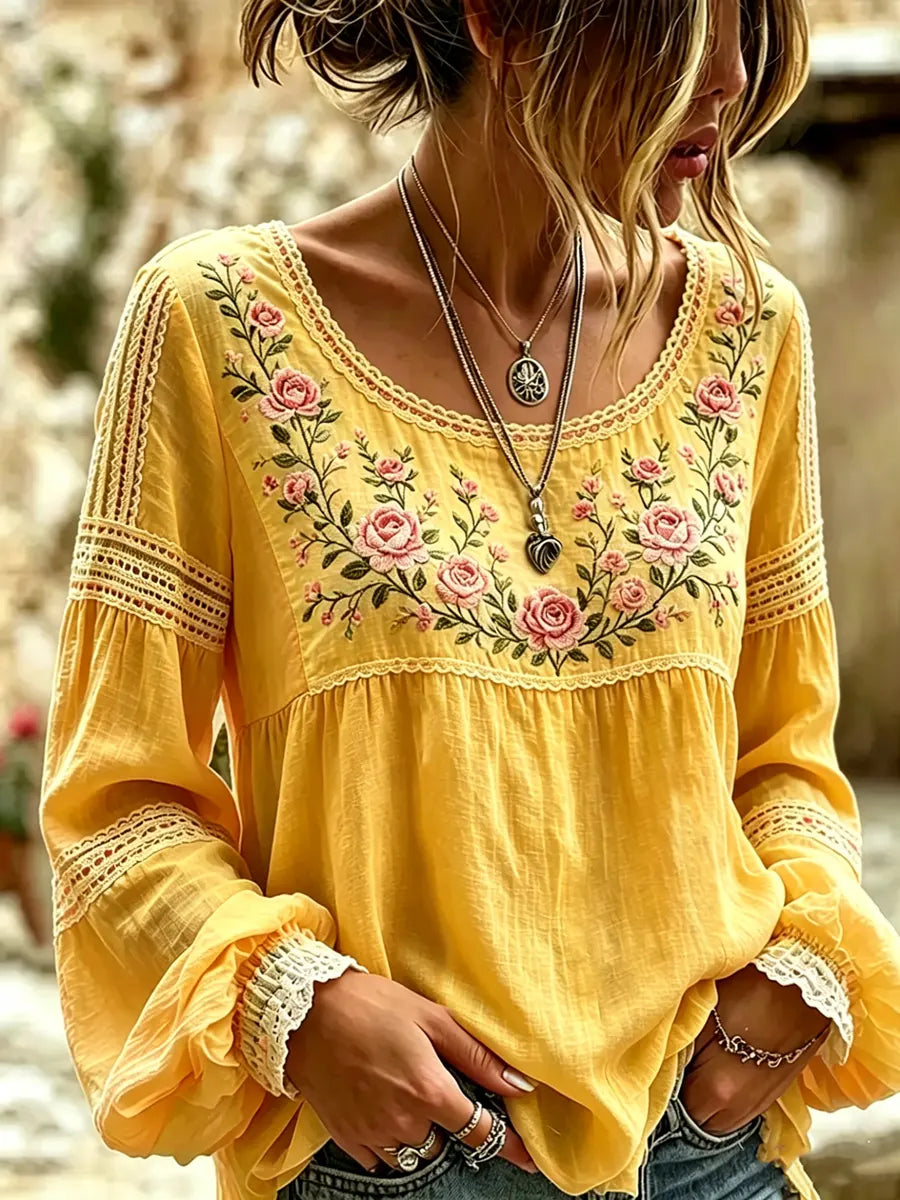 Mireille | Rose Embroidered Linen Blouse with Elegant Lace Details
