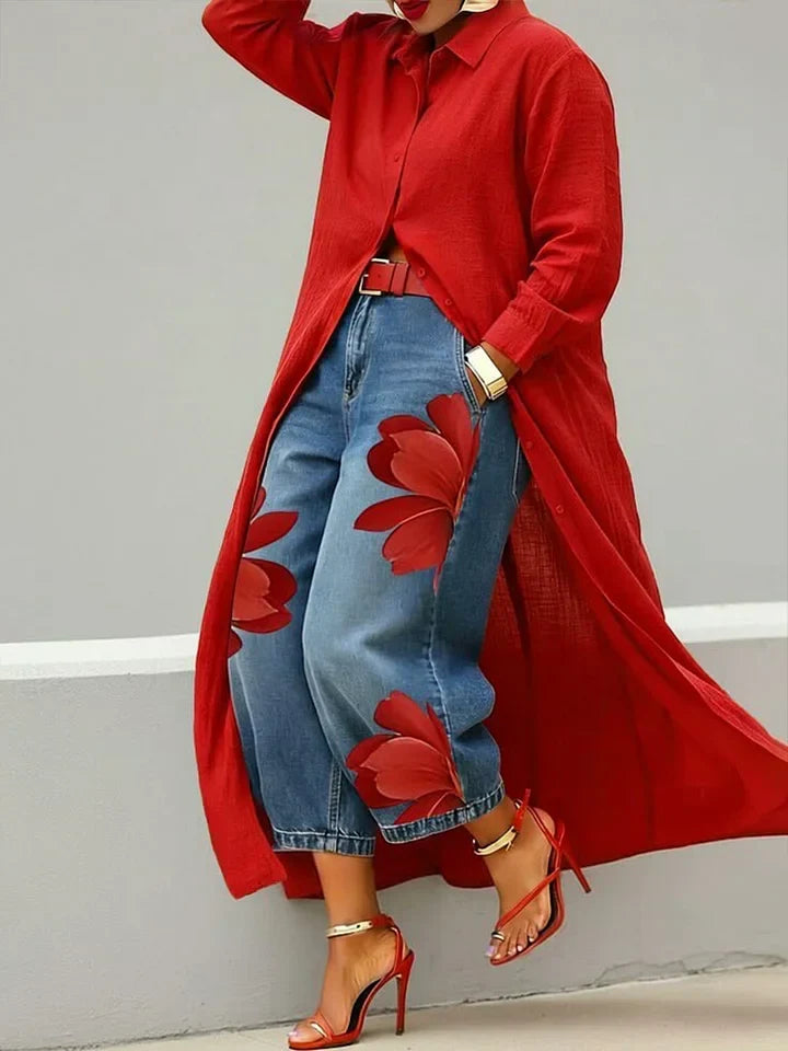 Maud - Linen Shirt Dress and Floral Jeans