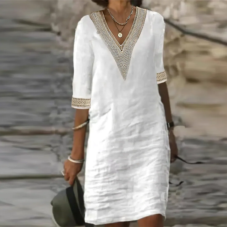 Beatrice | Cotton-Linen Lace Trim Midi Dress