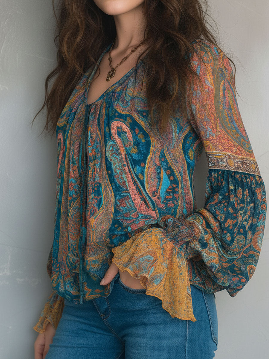 Phyllis | Bohemian Paisley Blouse with Ruffled Cuffs