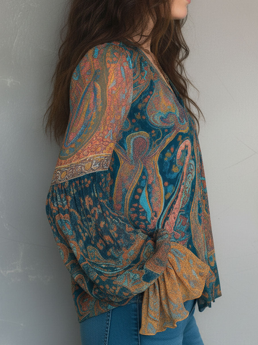 Phyllis | Bohemian Paisley Blouse with Ruffled Cuffs
