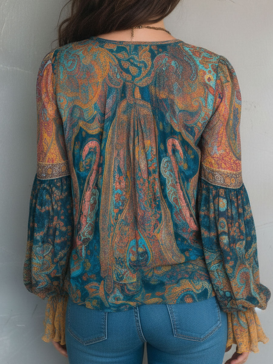 Phyllis | Bohemian Paisley Blouse with Ruffled Cuffs