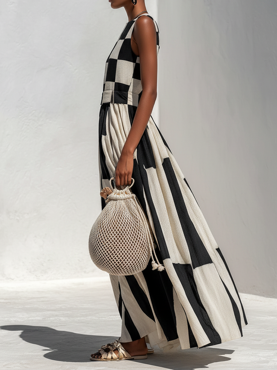 Ardenne™ | Plaid and Stripe Paneling Sleeveless Maxi Dress