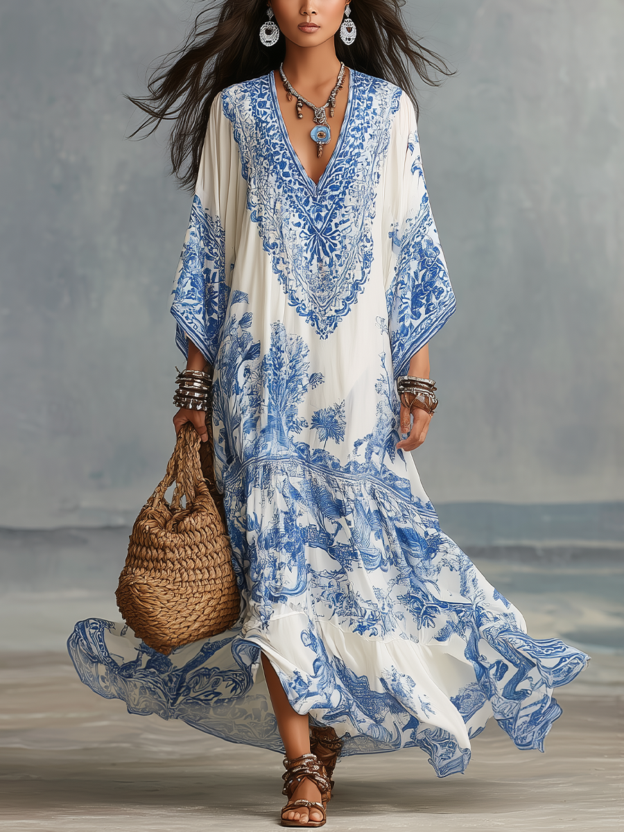 Iris | Blue Porcelain V-Neck Dress