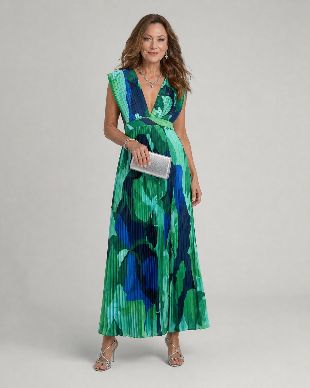 Omnios | Abstract Pleated Cap Sleeve V Neck Midi Dress