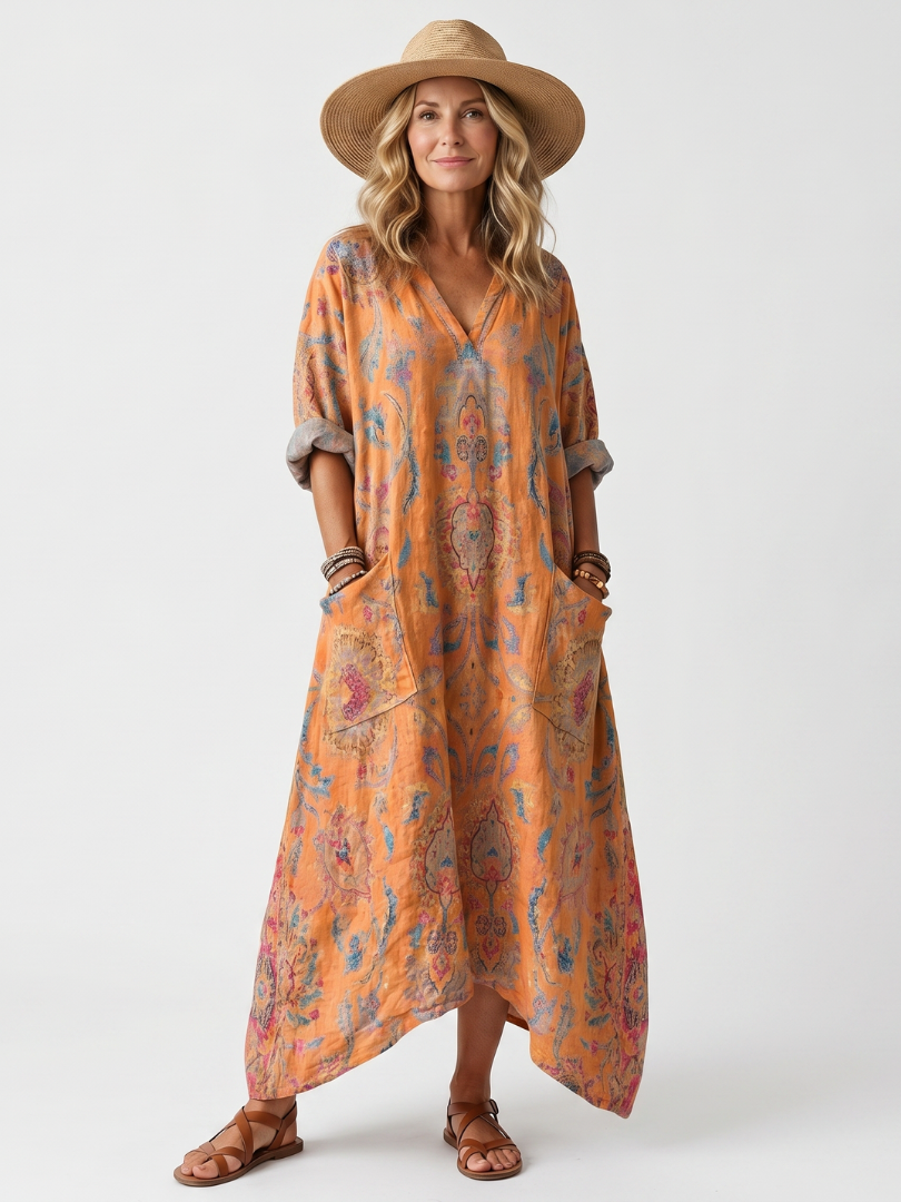 Remi | Notch Neck Bohemian Printed Pocket Maxi Dress