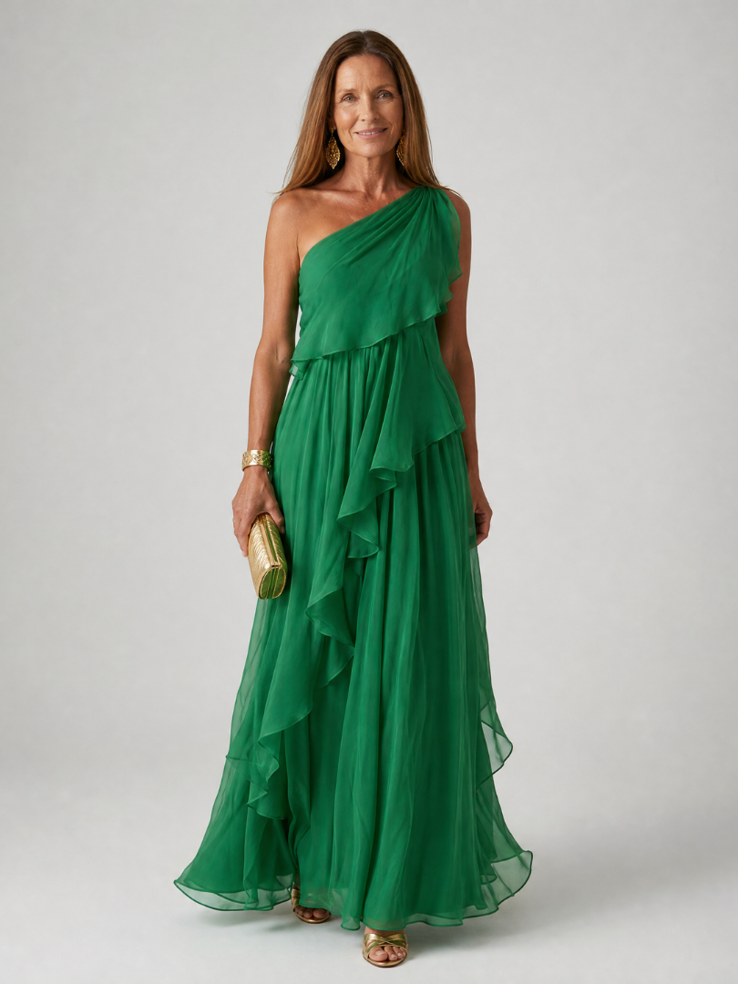 Tracey™ | One-Shoulder Cascading Ruffle Maxi Dress