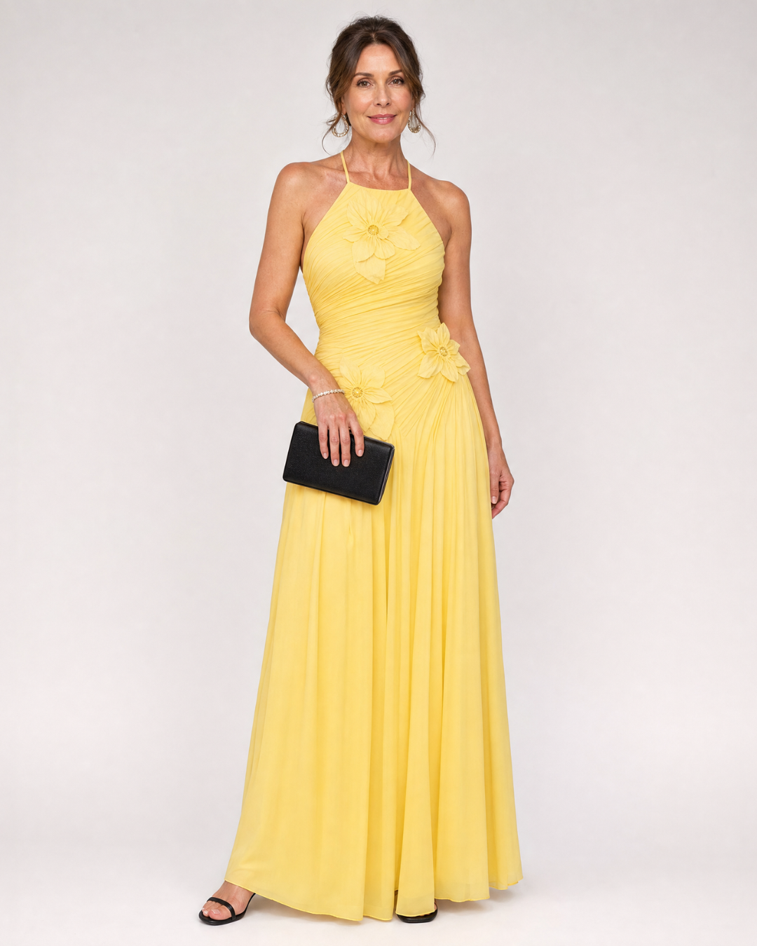 Stephene | Pleated Halter Neck Floral Detail Maxi Dress