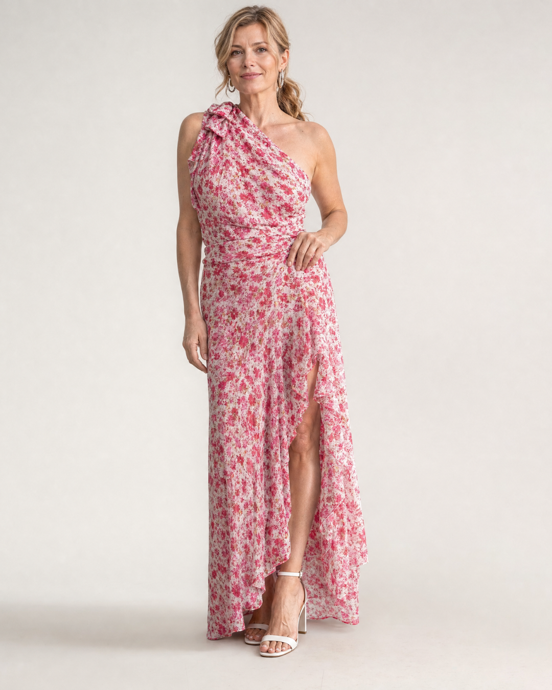 Ikele | Ditsy Floral One Shoulder Ruffle Hem Midi Dress