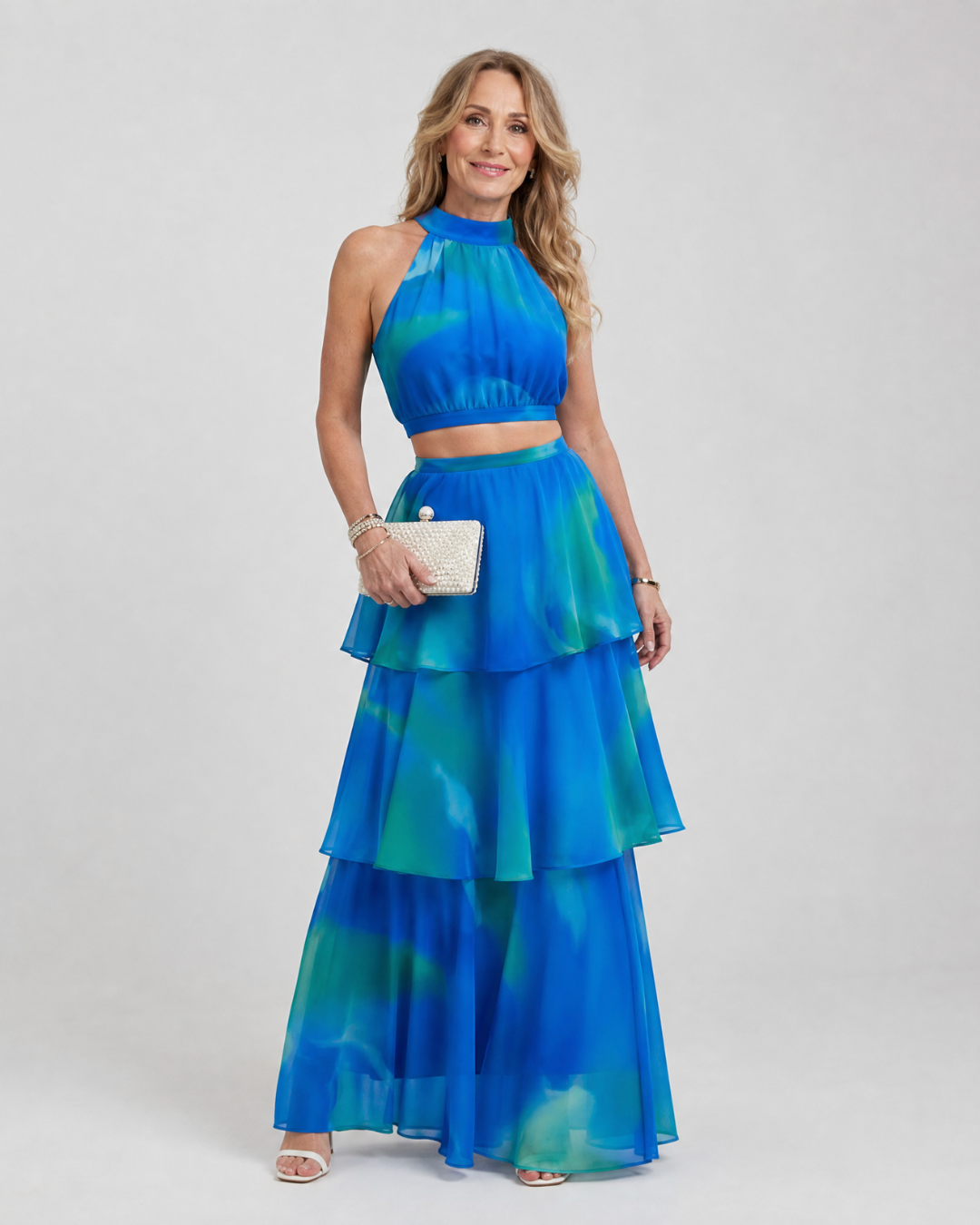 Mique | Natural Floral Halter Cutout Tiered Maxi Dress