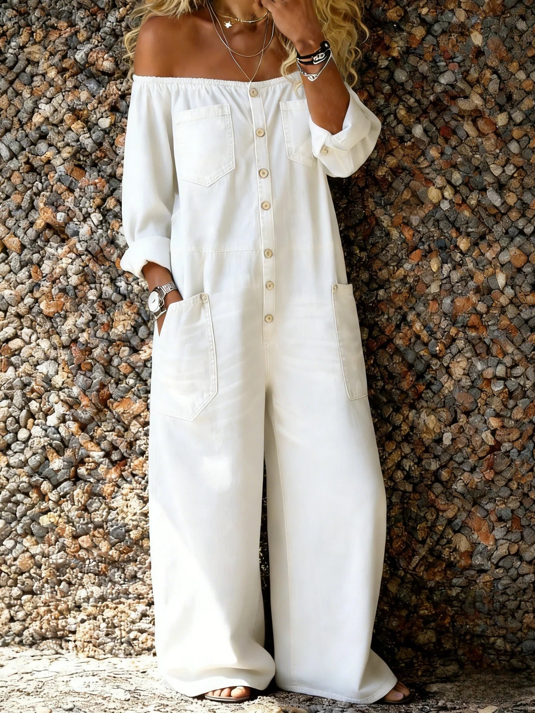 Noa | Denim Jumpsuit with Off-the-Shoulder Neckline