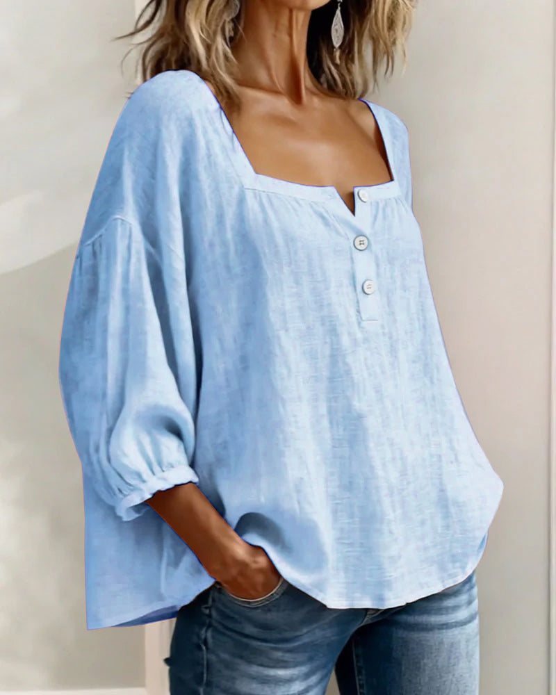 Fiona | Women's Square Neck Blouse 3/4 Puff Sleeve Button Top