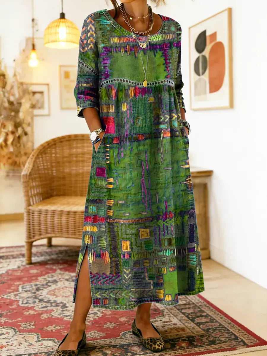 Isabelle | Denim dress with ethnic patchwork