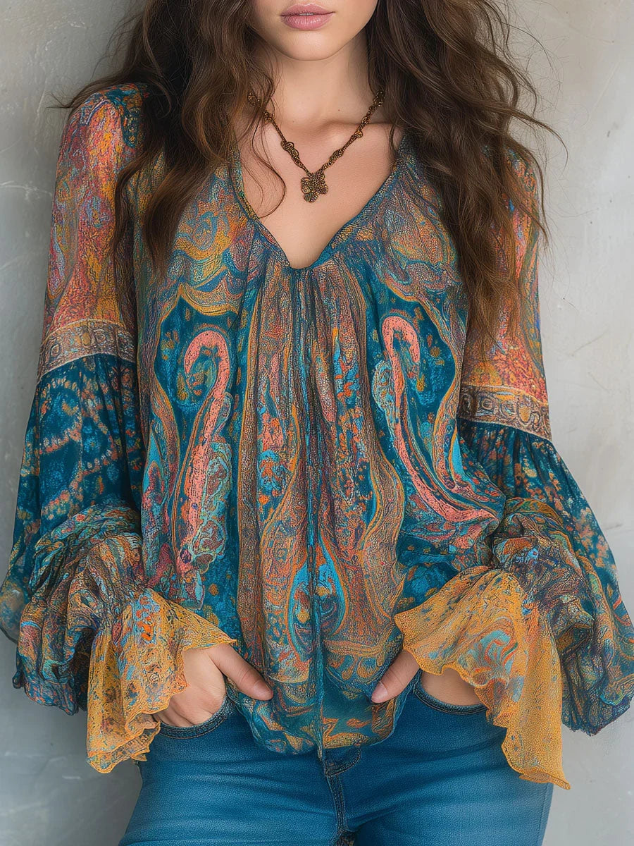 Phyllis | Bohemian Paisley Blouse with Ruffled Cuffs