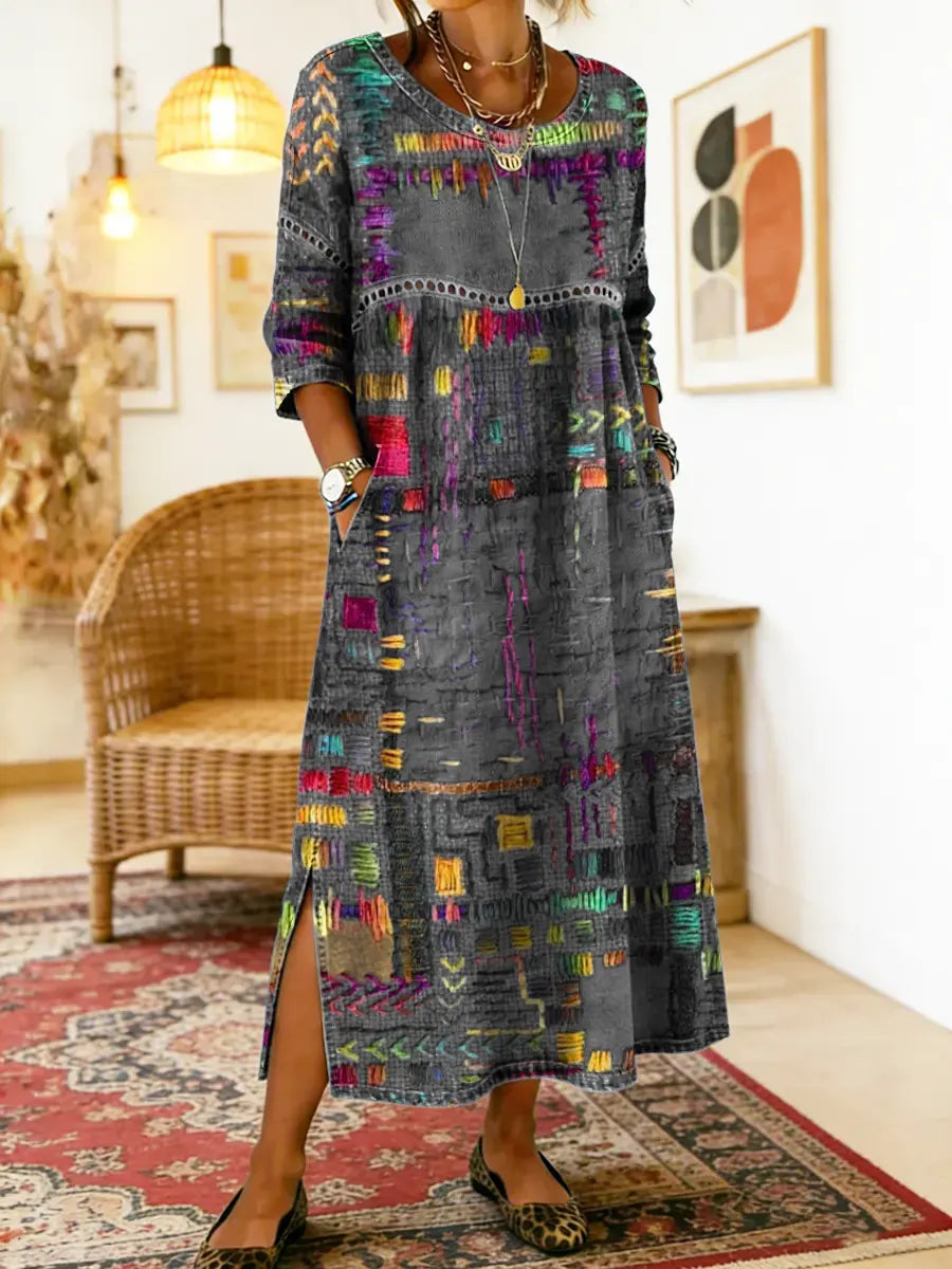 Isabelle | Denim dress with ethnic patchwork