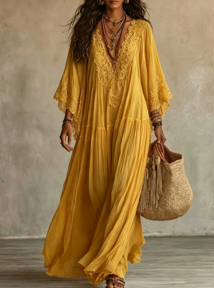 Colette | Long Ivory Chiffon and Lace Dress