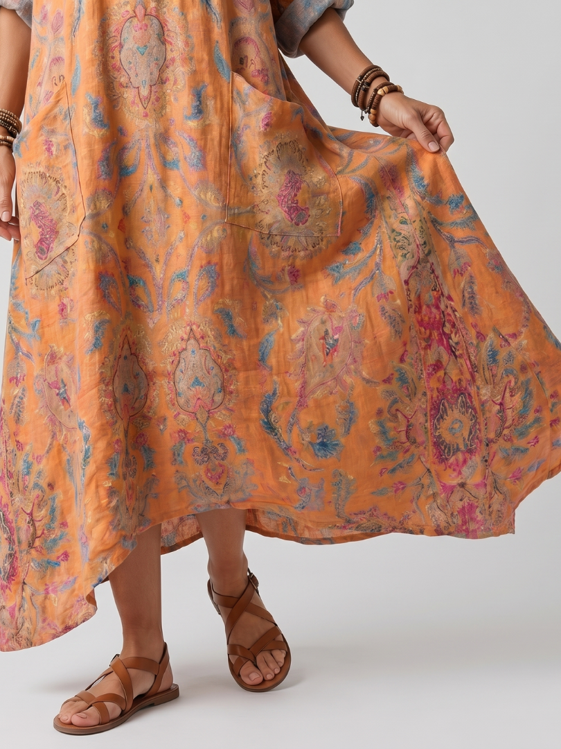Remi | Notch Neck Bohemian Printed Pocket Maxi Dress