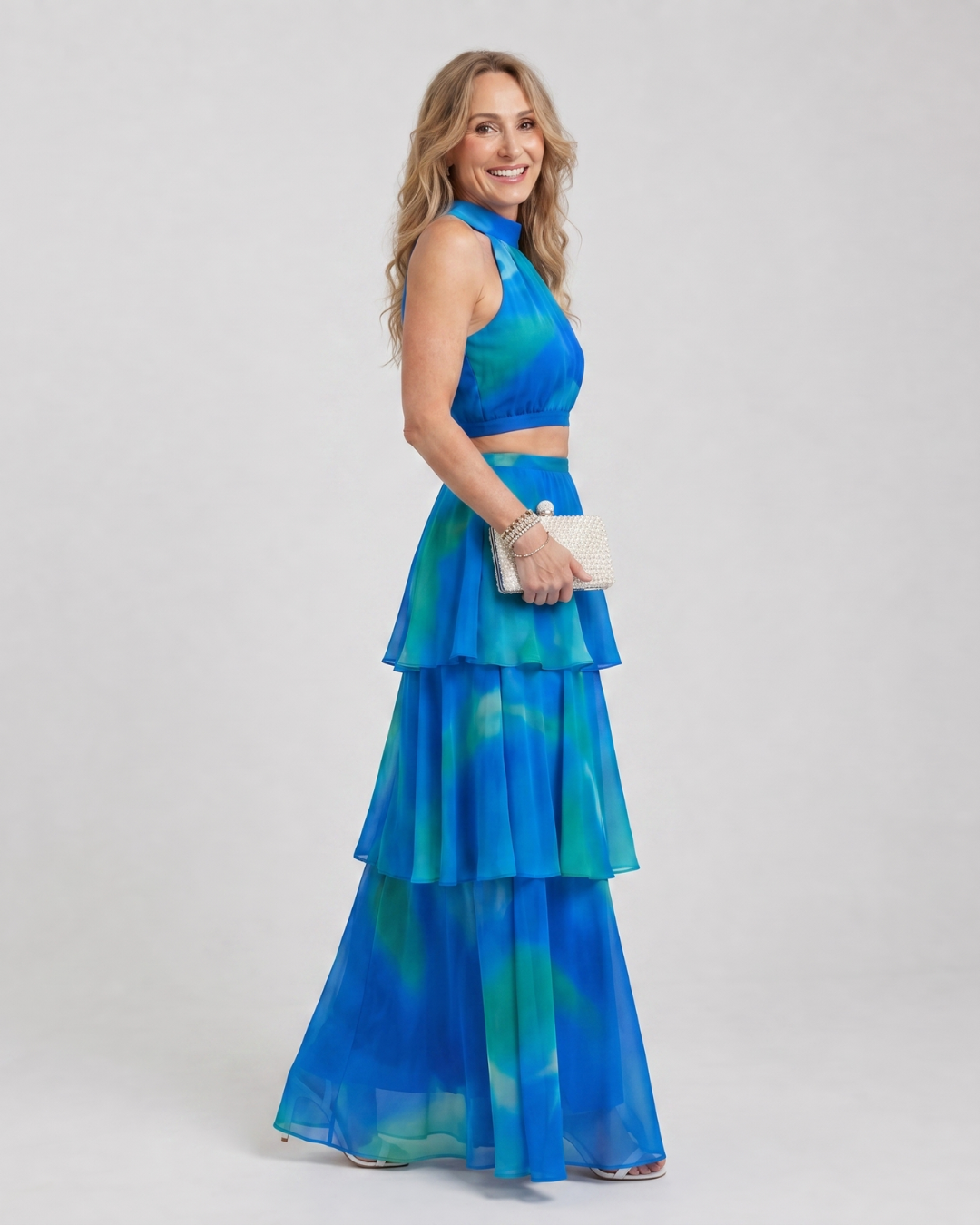 Mique | Natural Floral Halter Cutout Tiered Maxi Dress