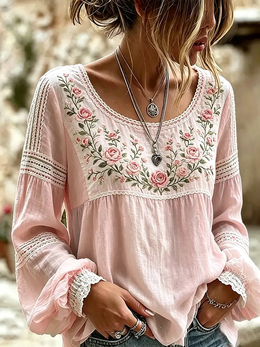 Mireille | Rose Embroidered Linen Blouse with Elegant Lace Details