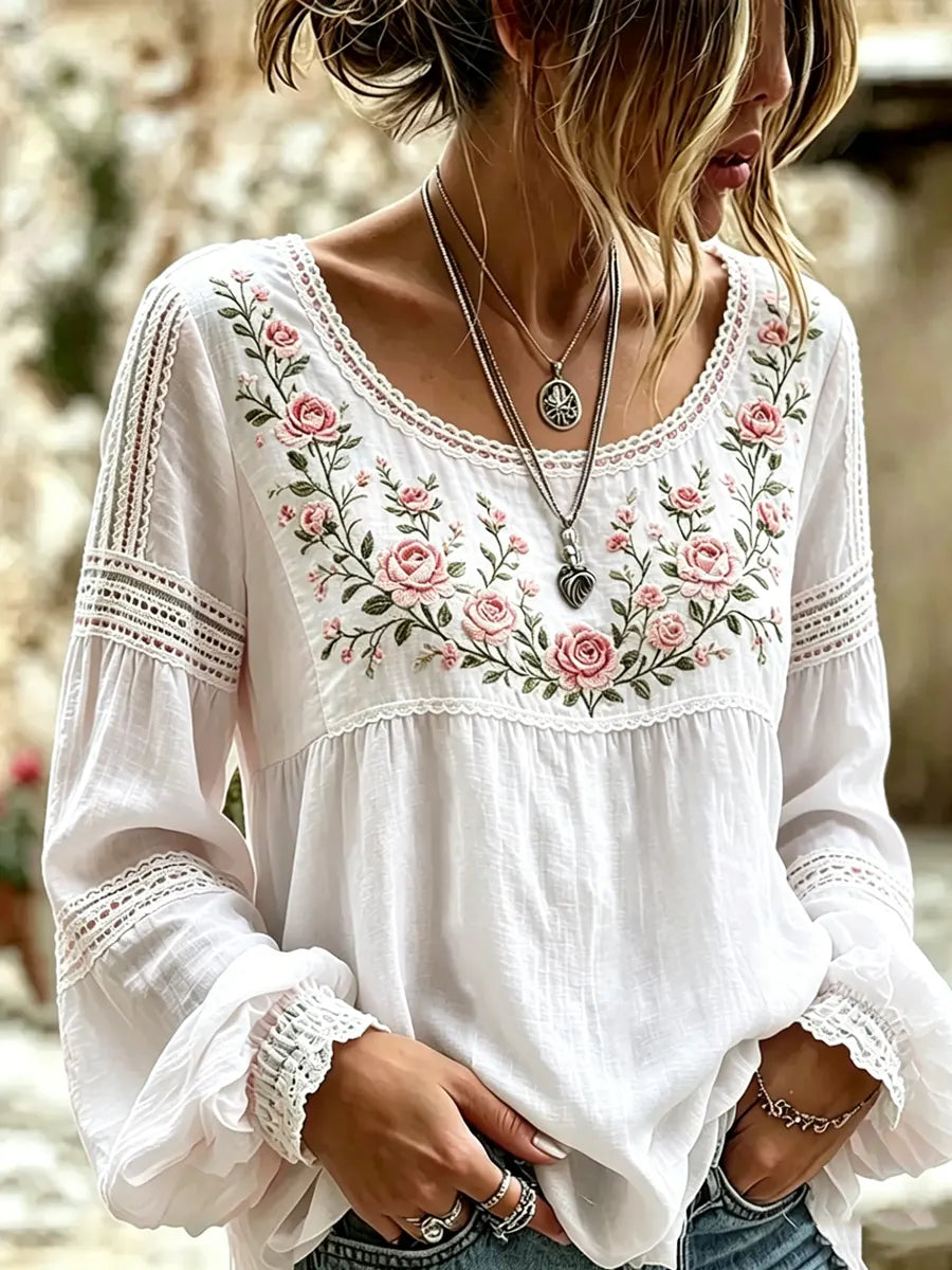 Mireille | Rose Embroidered Linen Blouse with Elegant Lace Details