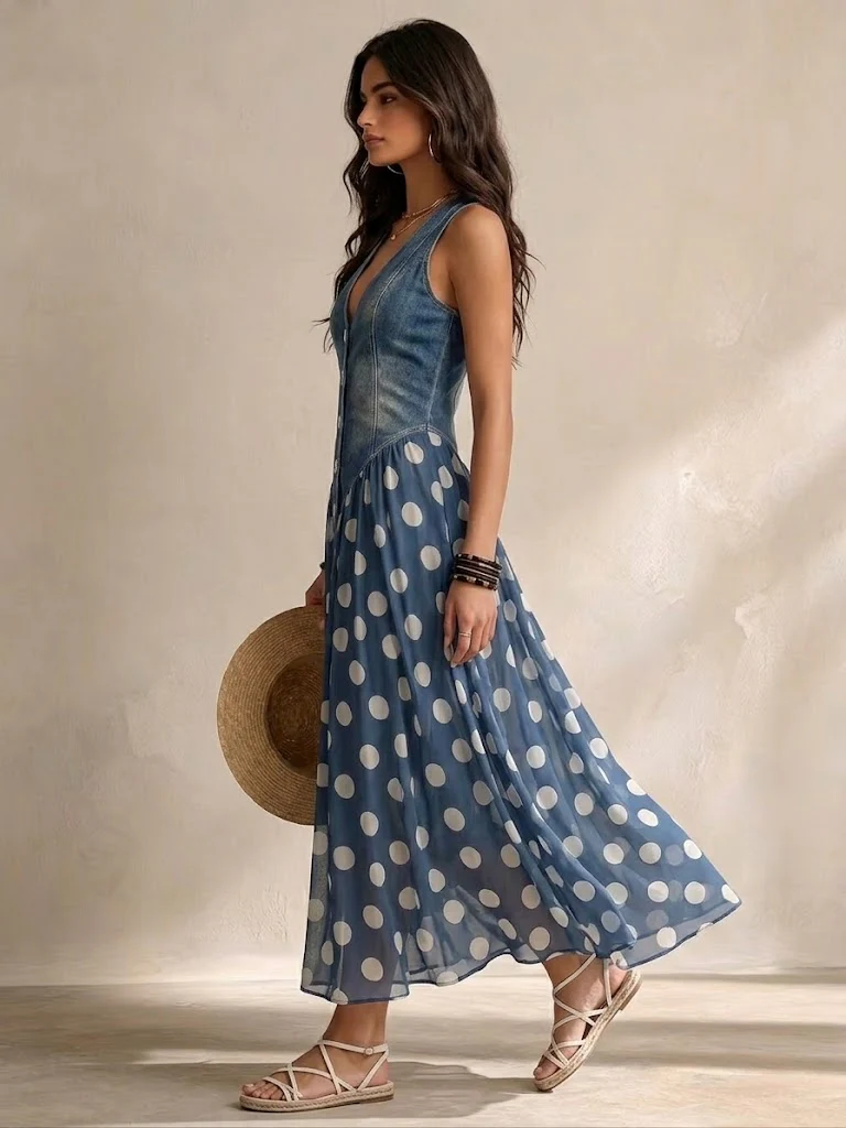 Valeria™ | Elegant Denim Dress with Polka Dot Chiffon Skirt