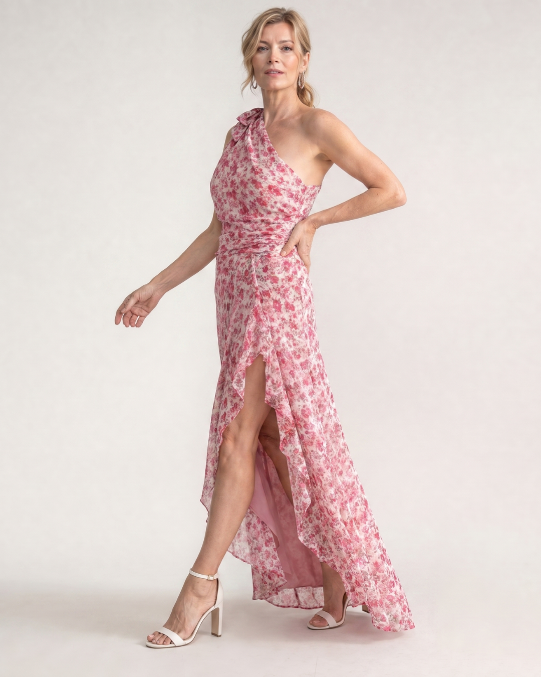 Ikele | Ditsy Floral One Shoulder Ruffle Hem Midi Dress