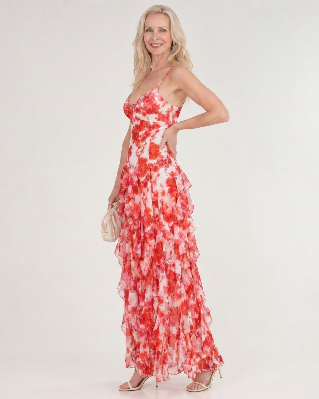 Vugeh | Watercolor Floral Ruffle Hem Sleeveless Midi Dress