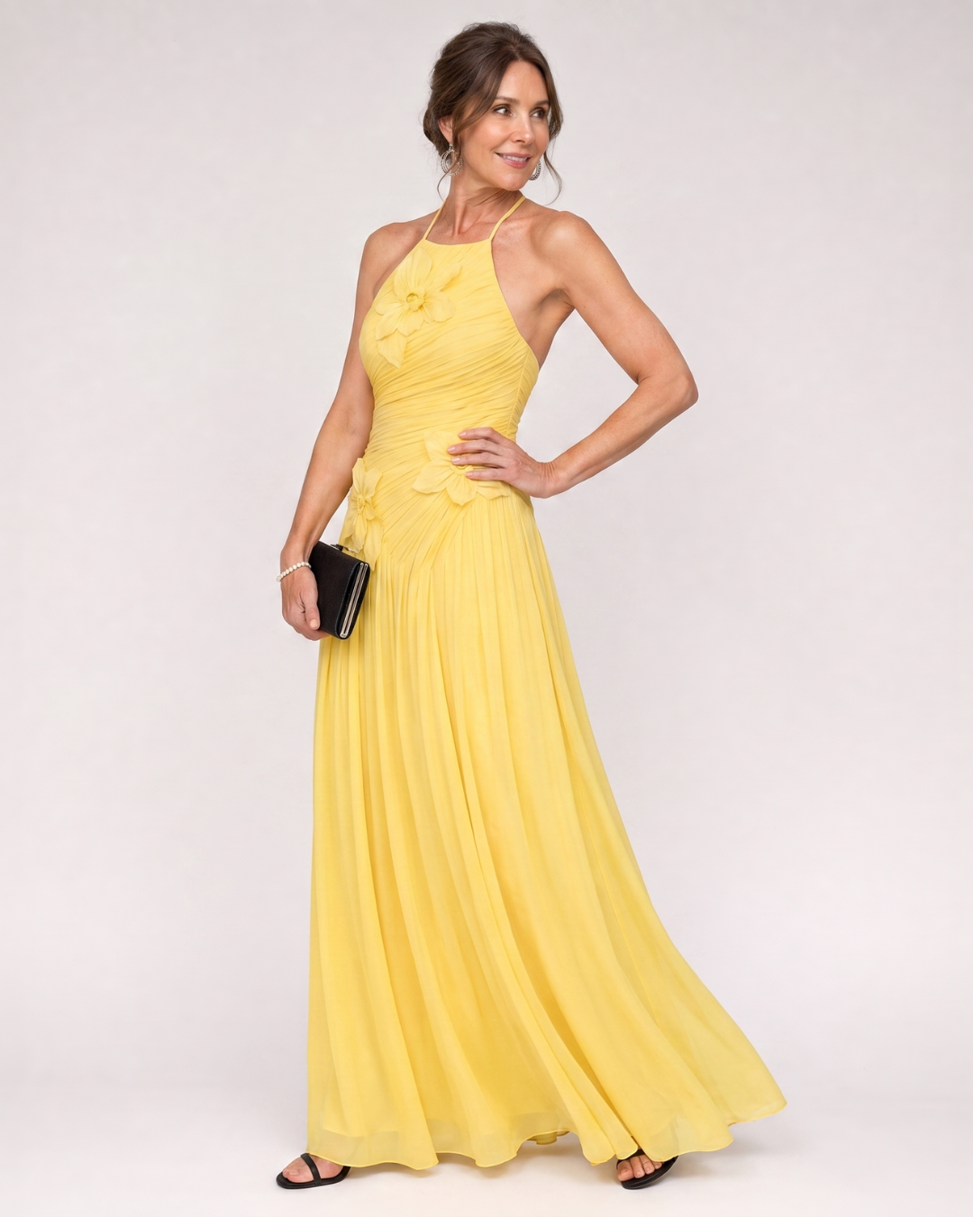 Stephene | Pleated Halter Neck Floral Detail Maxi Dress