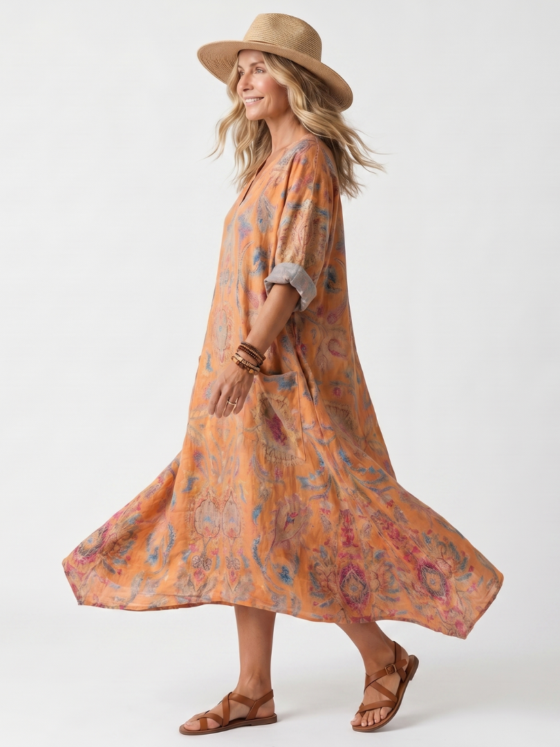 Remi | Notch Neck Bohemian Printed Pocket Maxi Dress