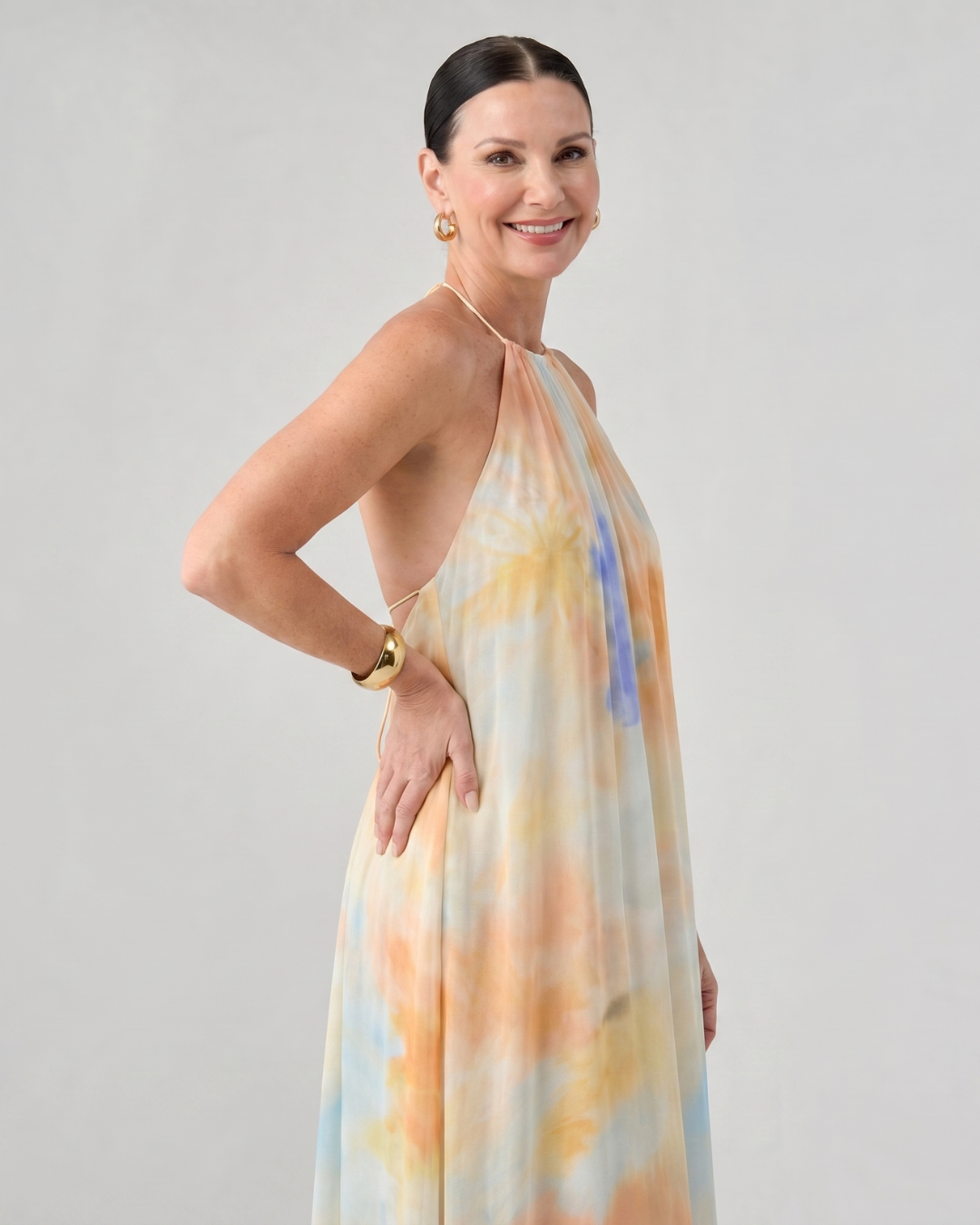 Eloque | Watercolor Halter Neck Flowing Maxi Dress
