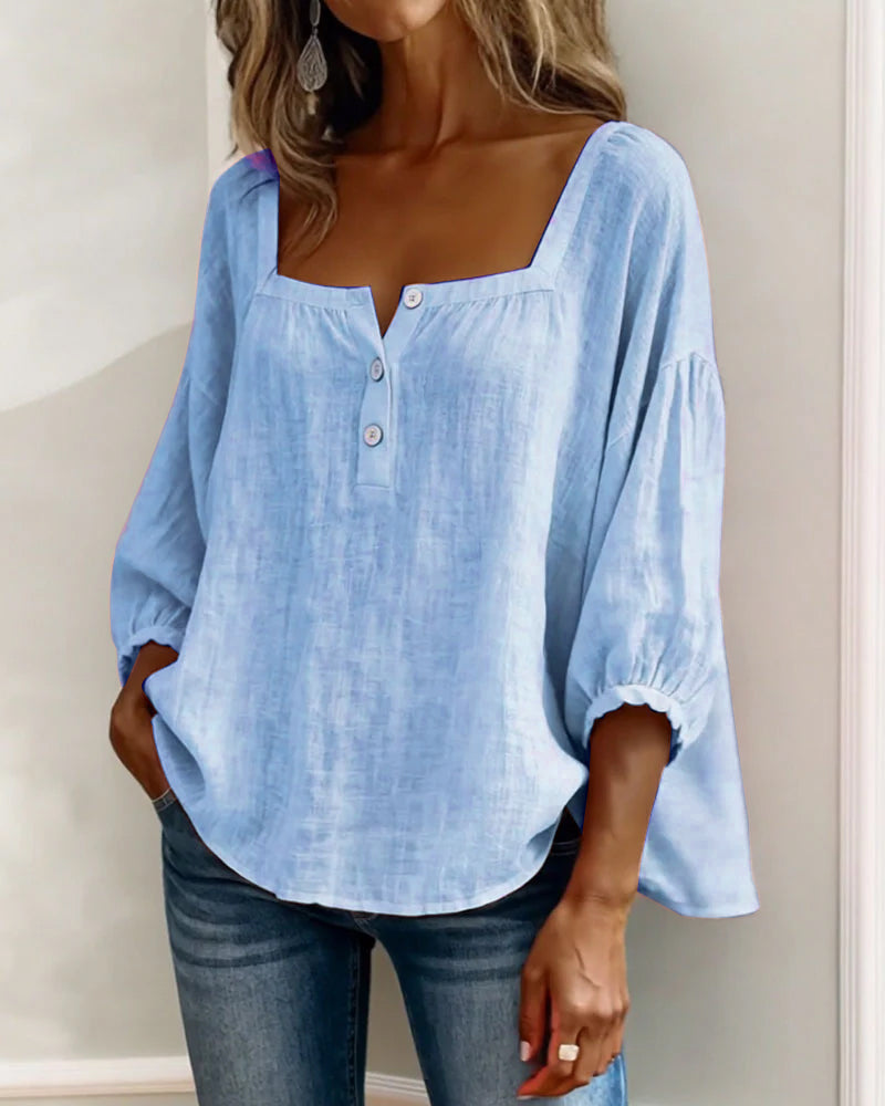 Fiona | Women's Square Neck Blouse 3/4 Puff Sleeve Button Top