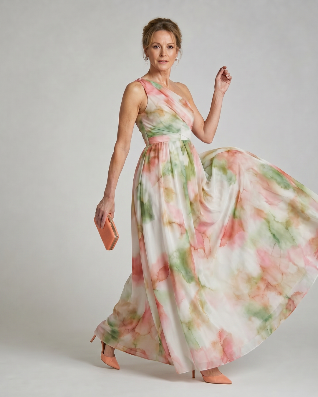 Olene | Watercolor One Shoulder Flowing Maxi Dress
