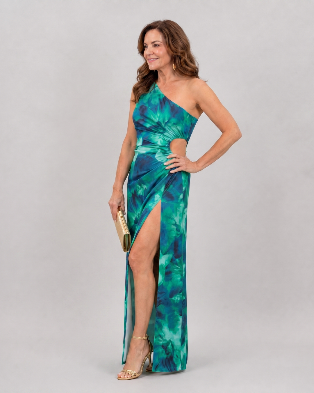 Isope | Tropical One Shoulder Side Slit Midi Dress