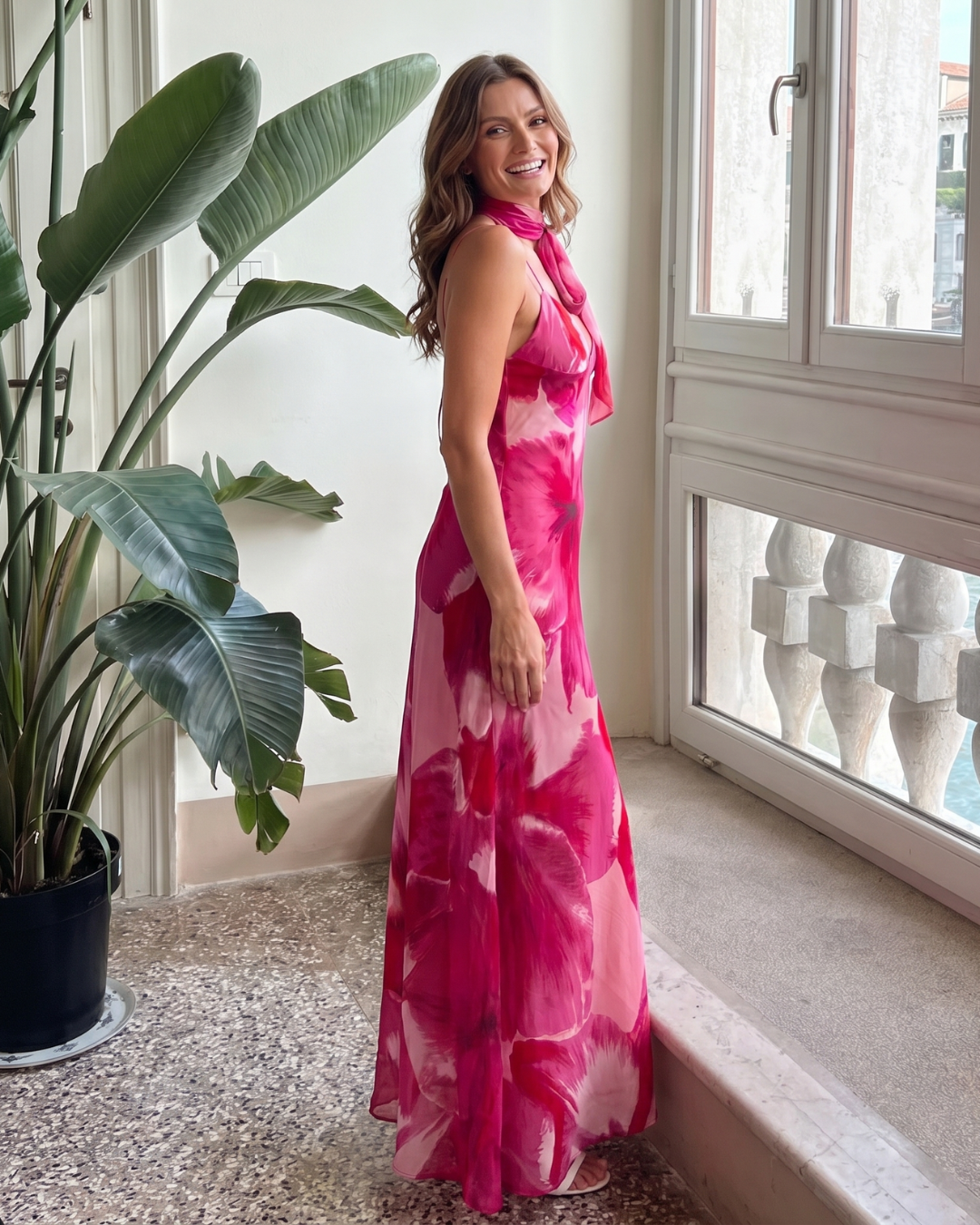 Najem | Watercolor Print Sleeveless Deep V Midi Dress
