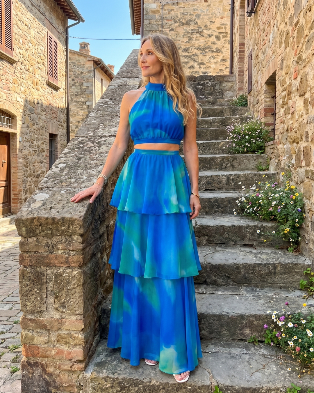 Mique | Natural Floral Halter Cutout Tiered Maxi Dress
