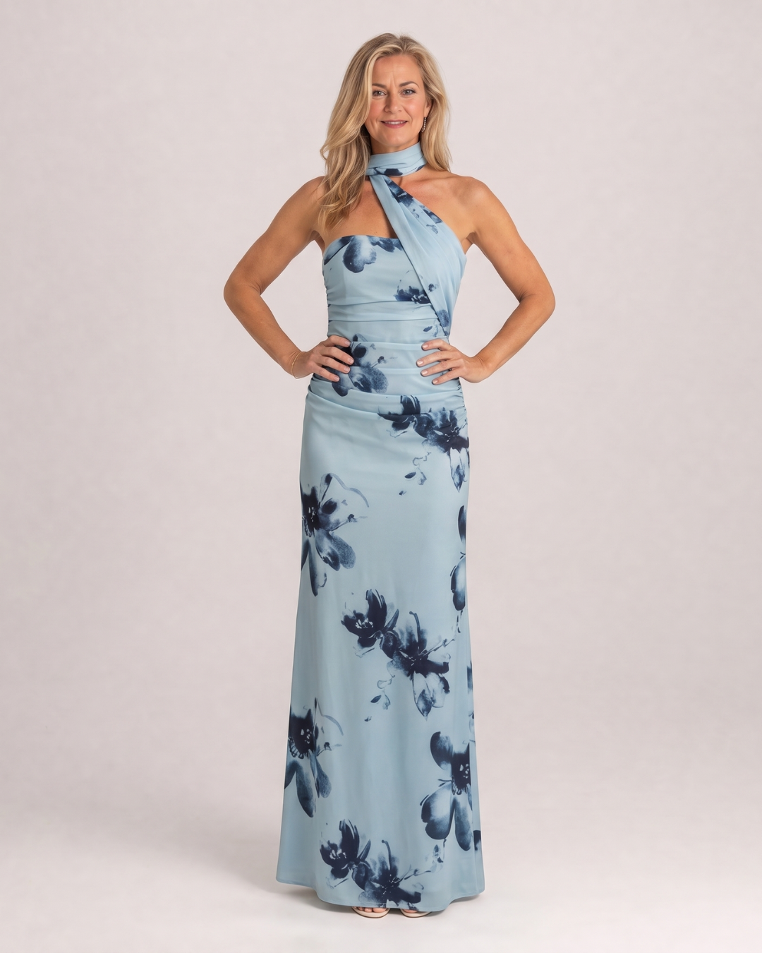 Fijem | Watercolor Floral One Shoulder Halter Maxi Dress