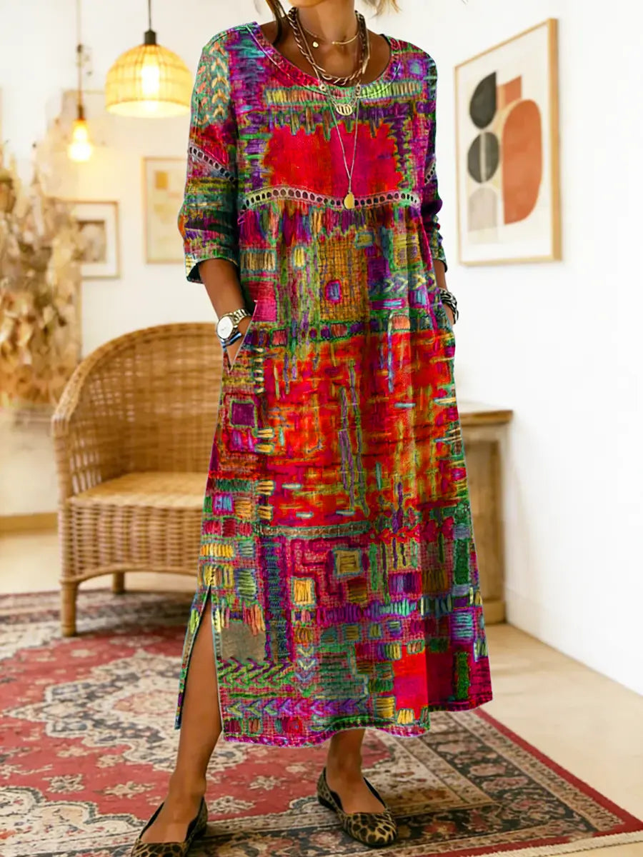 Isabelle | Denim dress with ethnic patchwork