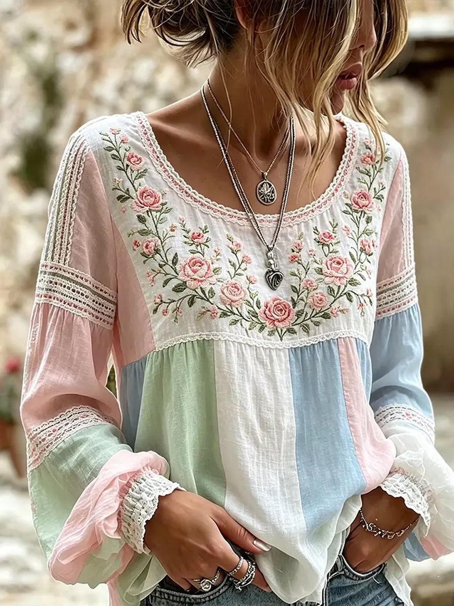 Mireille | Rose Embroidered Linen Blouse with Elegant Lace Details
