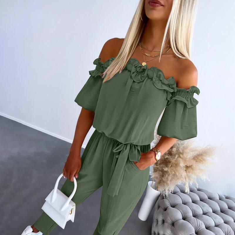 FERILI – Chic Off Shoulder Frill Tie-Waist Jumpsuit