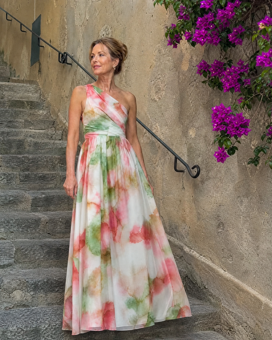 Olene | Watercolor One Shoulder Flowing Maxi Dress