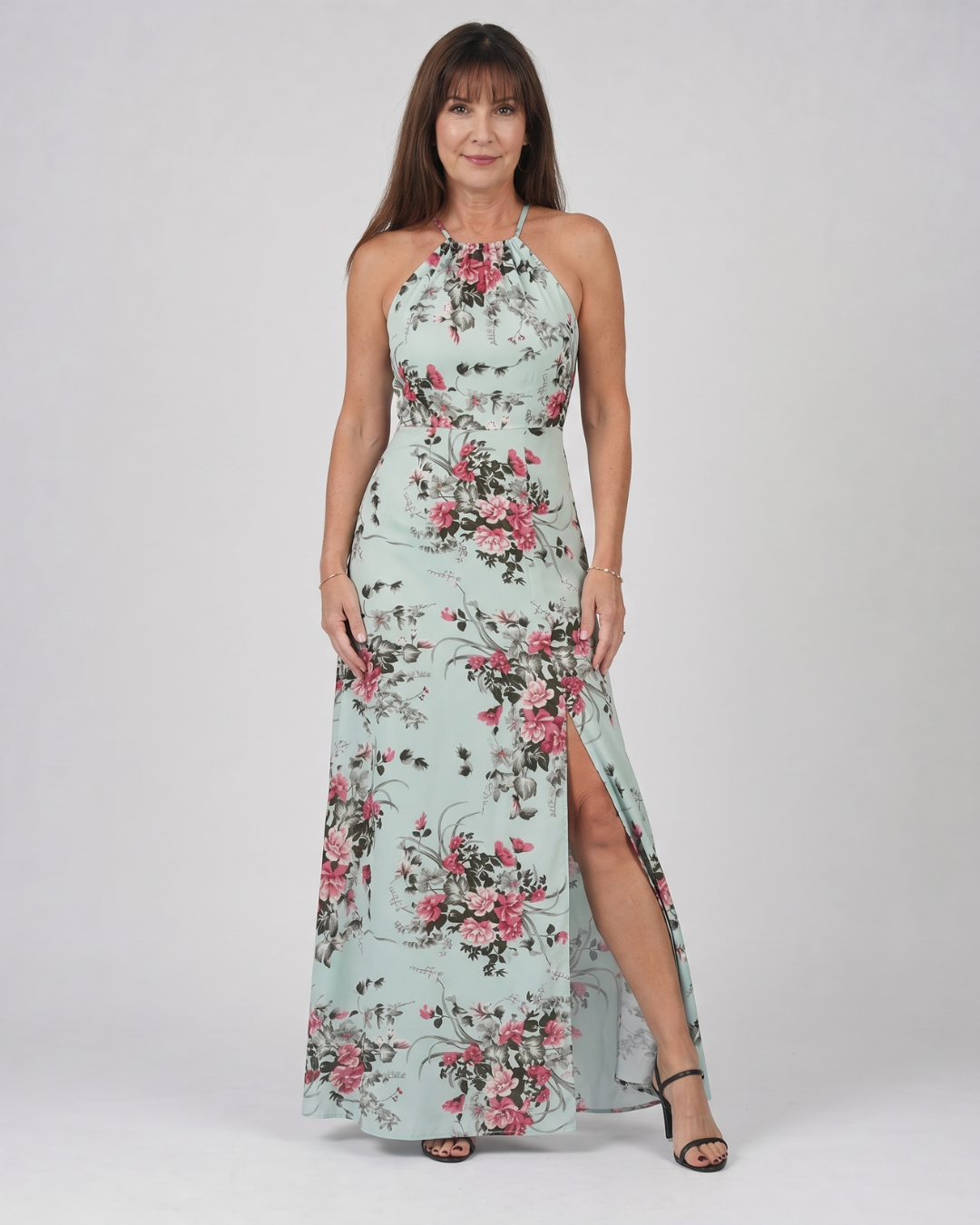 Loliane | Floral Halter Neck Side Slit Midi Dress