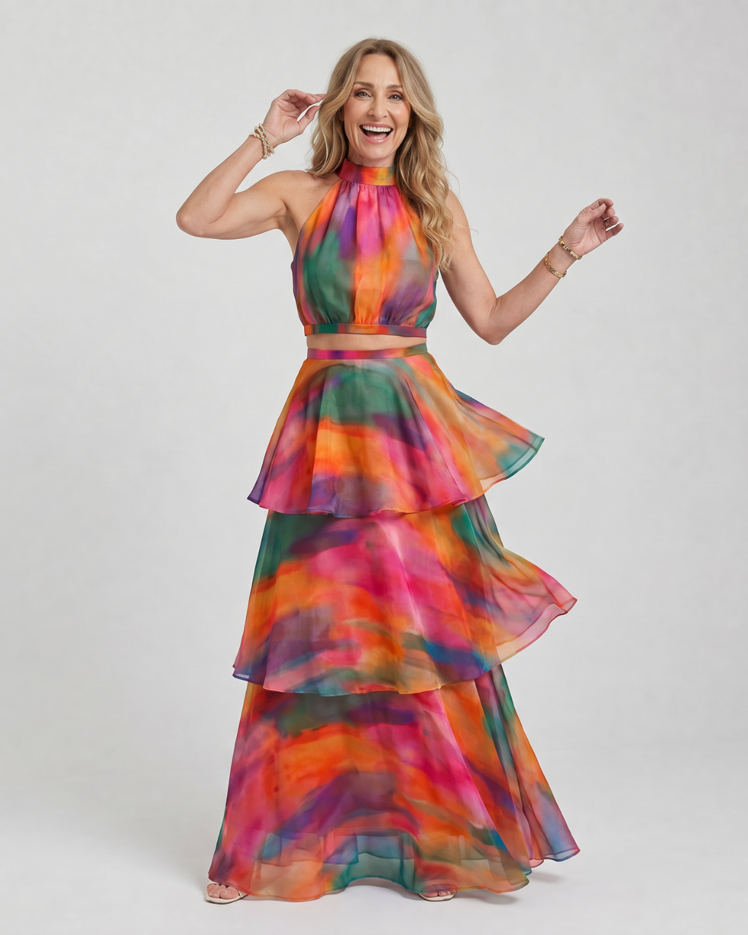 Mique | Natural Floral Halter Cutout Tiered Maxi Dress
