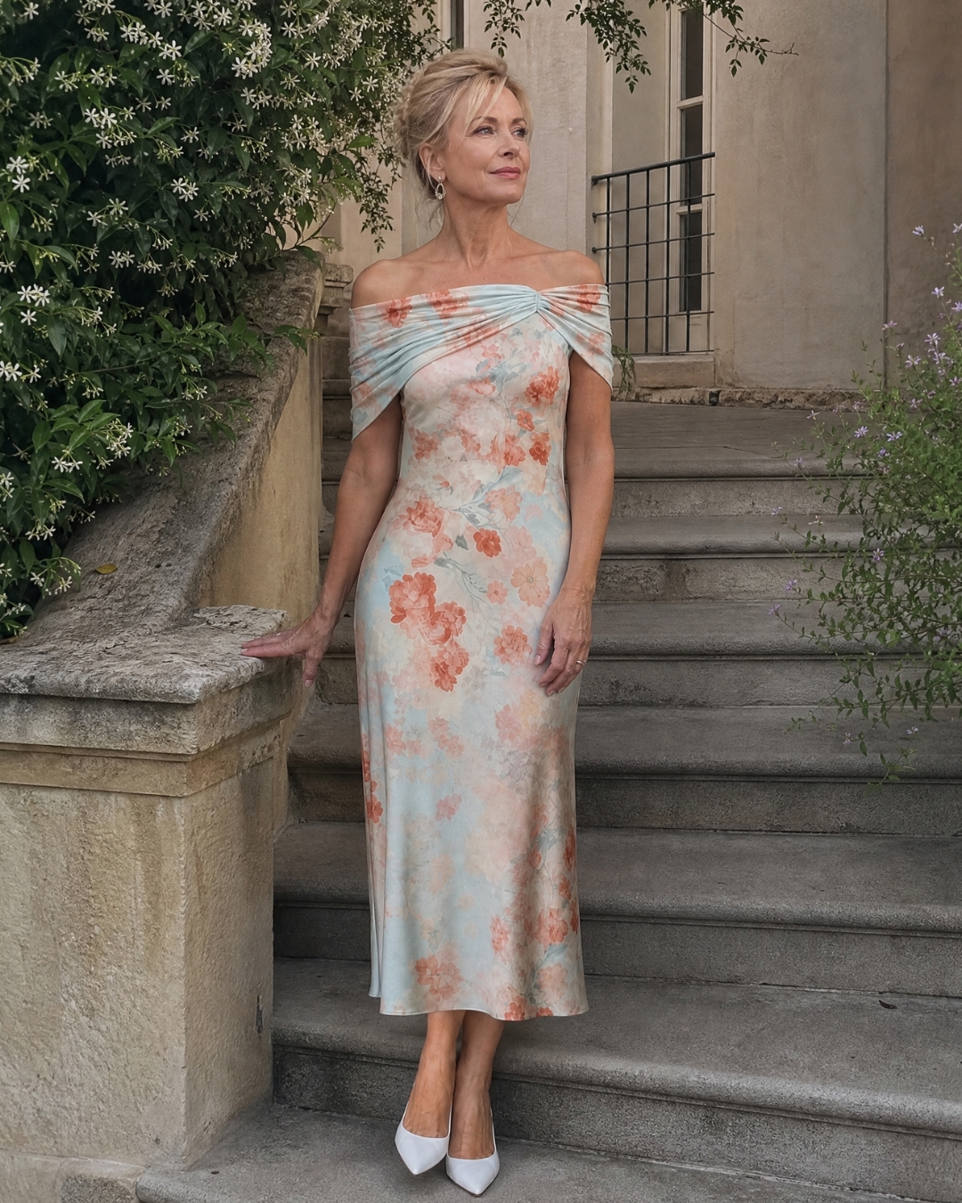 Imore | Soft Floral Off Shoulder Fitted Midi Dress