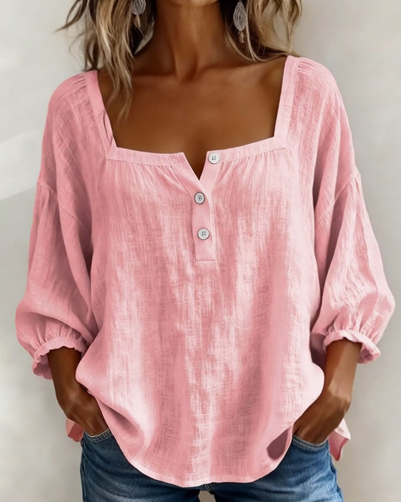 Fiona | Women's Square Neck Blouse 3/4 Puff Sleeve Button Top