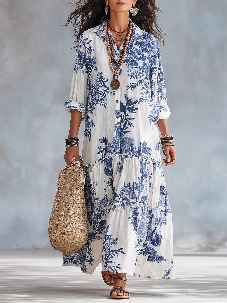 Faye | Blue Floral Button-Down Maxi Dress